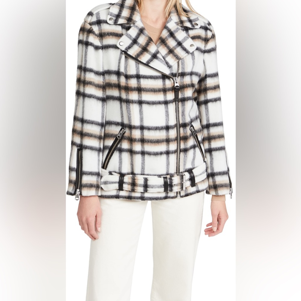 NWT Mackage Gracie Wool-Mohair Belted Biker Plaid Jacket Size XS